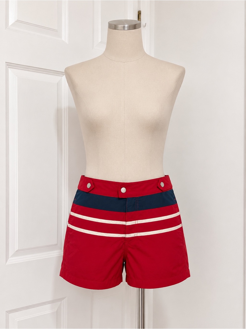 SOLID & STRIPED Red, Navy and White Striped Bike Shorts